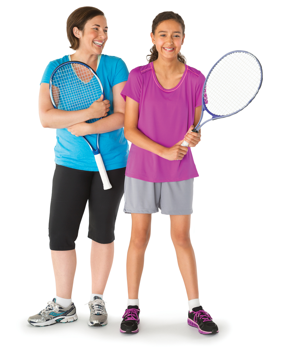 Mother and daughter with tennis racquets.