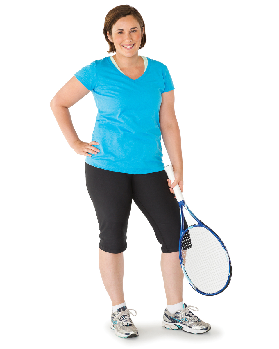 Adult woman with tennis racquet.