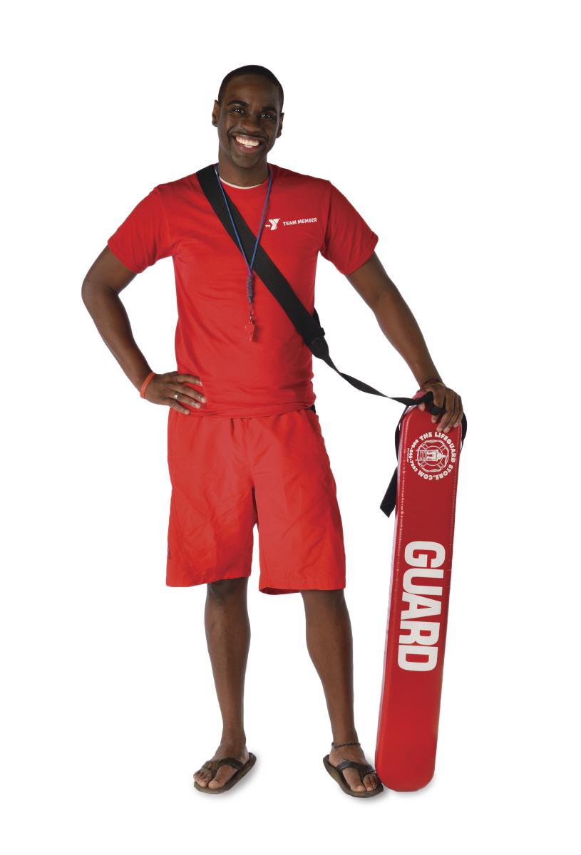Adult male lifeguard with lifeguard float.