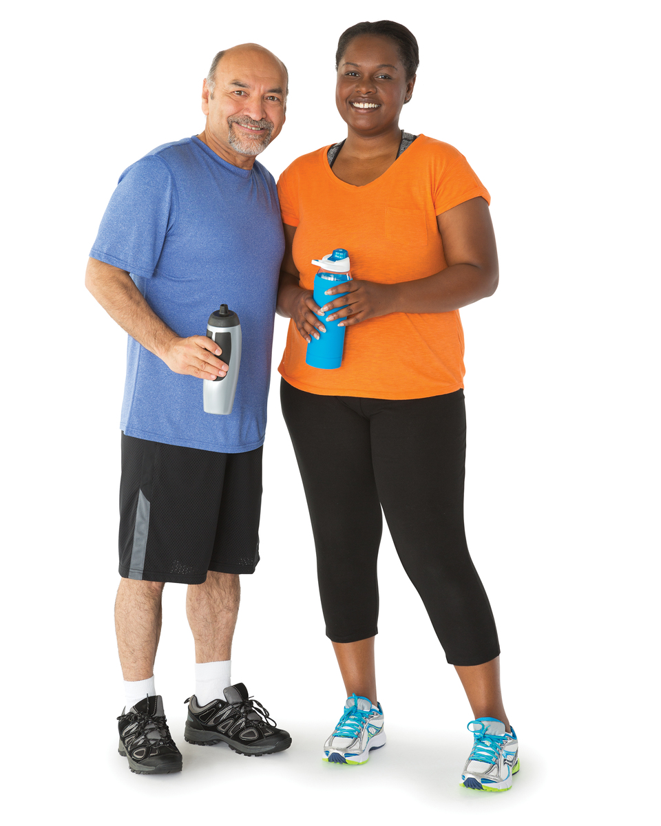 adult man and adult woman drinking water bottles